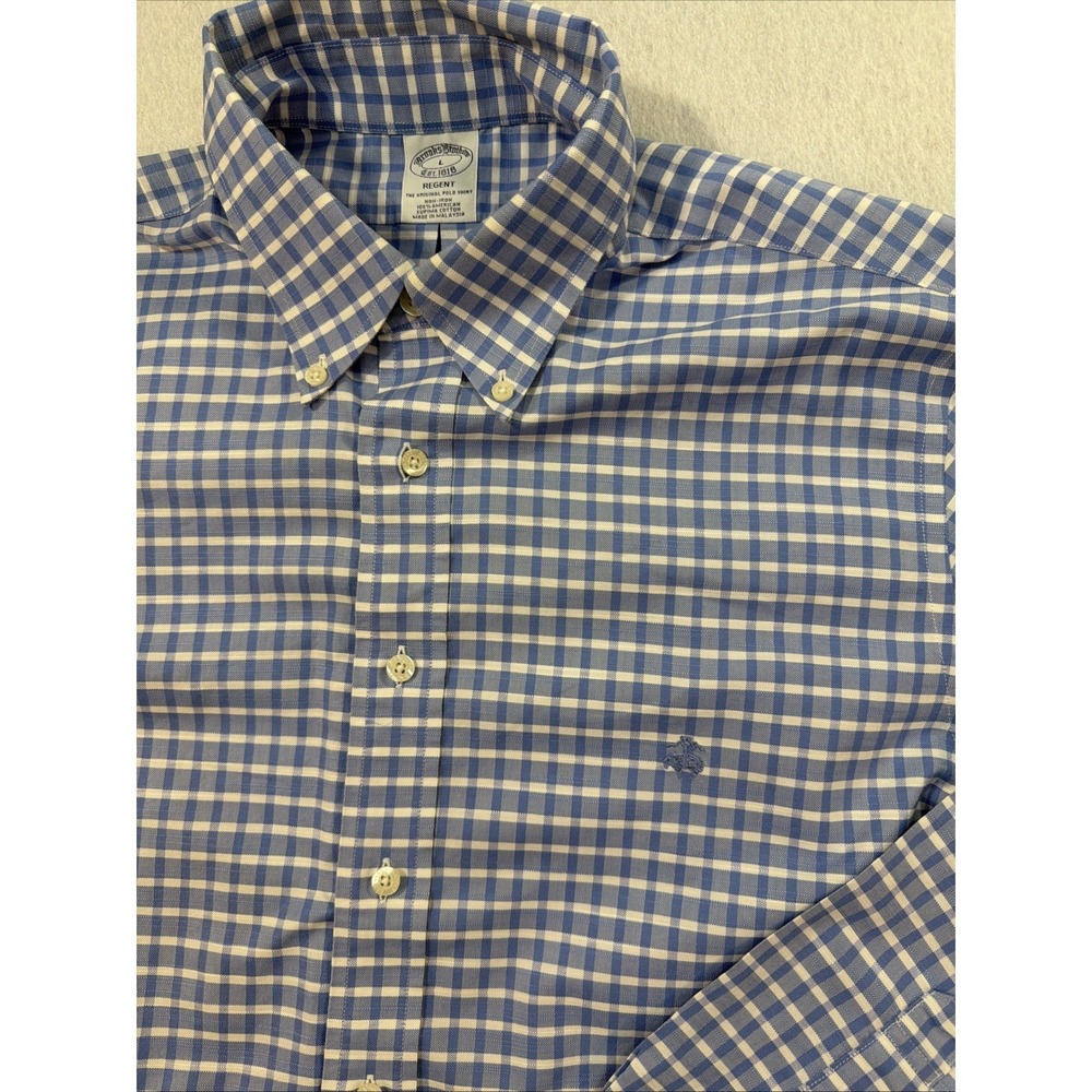 Brooks Brothers Regent LS Men Sz Large Light Blue White Plaid Button Front Shirt